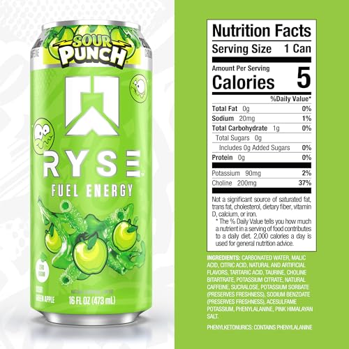 Image of RYSE Fuel Energy Drink - Sour Punch Green Apple - Sugar Free, Gluten Free & Vegan - 200mg Natural Caffeine, Taurine & Choline for Focus & Energy - No Artificial Colors - 16 fl oz Cans (12-Pack)