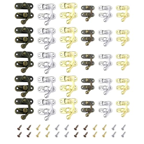 30 Pièces Verrou Vintage Loquet Crochet Fermoirs à Coffre, Crochets Antiques à Gauche et à Droite, Verrou Vintage Charnières Bronze avec 120 Vis, pour...
