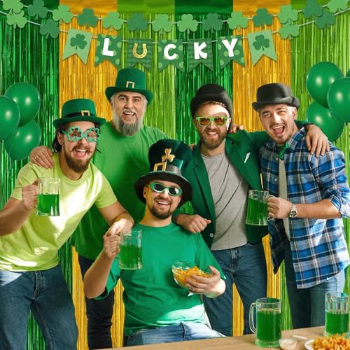 Image of 2 Pack St Patrick Party Decorations, Green Party Backdrop Green Gold Light Green Backdrop Curtains, Metallic St.Patrick Fringe Curtains Party Streamer Tinsel Backdrop, St Patrick Party Supplies