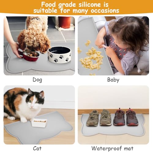 vsshe Napfunterlage für Kleine Hunde und Katze, 44 x 25 cm Napfunterlage Silikon wasserdichte und rutschfeste Silikon Fressnapf Unterlage Unterlage für Katzennapf Futtermatten (Grau)