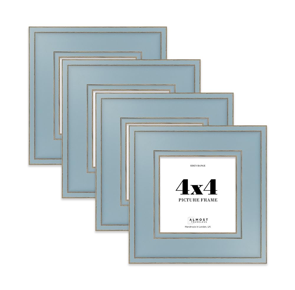 4x4 Cornflower Blue Picture Frame - Shabby Chic Photo Frame with Distressed Finish, Gold Trim, Wall Hooks and Kickstand, 37mm Edge - 4 Pack โ image 1