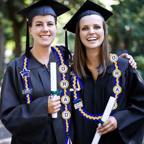 Image of Graduation Leis Class of 2026 Decorations, Handmade Double Braided Graduation Ribbon Leis with Glitter Pins for Him Her High School College Congrats Party Supplies (Blue & Gold)