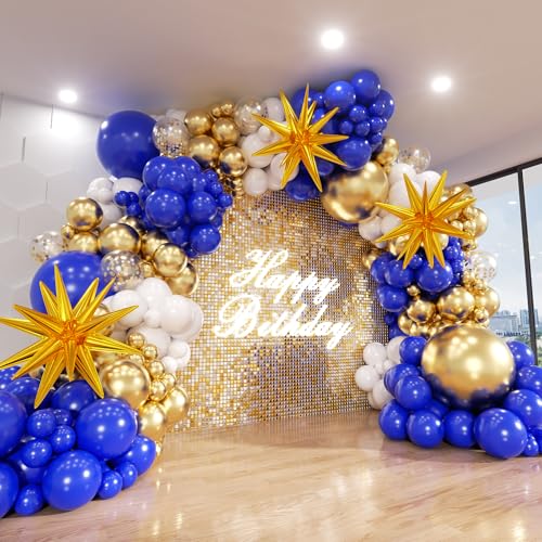 ADOINBY Blue and Gold Balloon Arch Kit, Explosion Star Royal Dark Blue and Metallic Gold White Balloons 22 18 12 10 5 Inch Different Size Balloons for Anniversary Wedding New Year Birthday Decorations