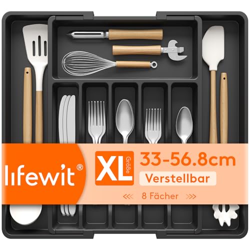 Lifewit Silverware Drawer Organizer, Expandable Utensil Tray for Kitchen, BPA Free Flatware and Cutlery Holder, Adjustable Plastic Storage for Spoons Forks Knives, 33 -57 x 42cm, Black