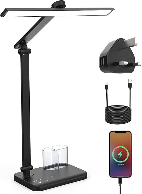 LONGTOO Desk Lamp, Eye-Caring Table Lamp, Dimmable Reading Lamp with USB Charging Port, 5 Brightness Levels 5 Colour Modes, Touch Control Desk Light for Office Bedroom Reading Work Study