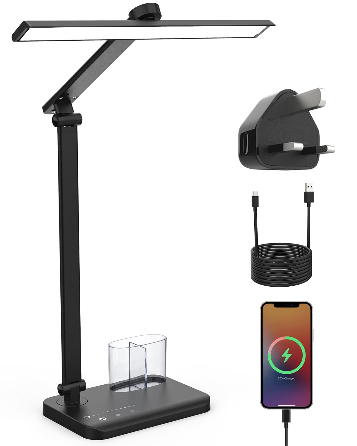 LONGTOO Desk Lamp, Eye-Caring Table Lamp with USB Charging Port T Shape, Black