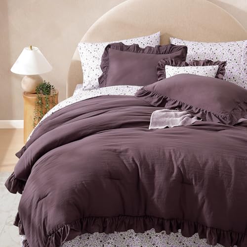 Queen Comforter Set - 7 Pieces Ruffle Purple Bedding Sets, Shabby Chic Farmhouse Bed in a Bag Queen with Ruffle Comforter, Floral Sheets, Pillowcases & Shams