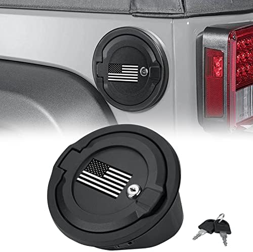 Locking Fuel Filler Door Cap Black Lock Gas Cover Cap Compatible with Jeep Wrangler 2018-2022 JL & JLU 2 door and 4 door & US Flag Sticker Accessories