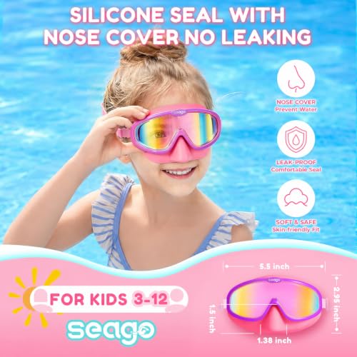Image of Seago Kids Swim Goggles 2 Pack for 3-12, Anti-Fog Clear View,Toddler Goggles with Nose Cover Swimming Goggles