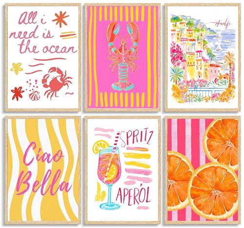 6Pcs Summer Coastal Poster Wall Art,Pink Orange Coastal Painting Picture