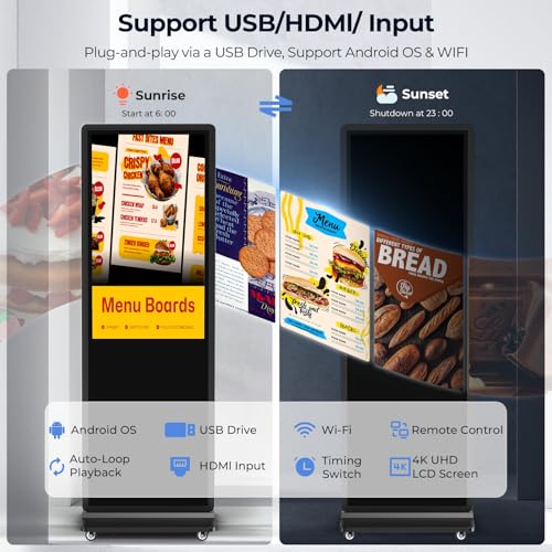 Image of 32 /43 /55 /65 Inch Digital Signage Display, LCD Screen Advertising Display Kiosk Interactive Totem Floor Standing Auto AD Player with USB /HDMI /WiFi Android OS (65'' Non-Touch)