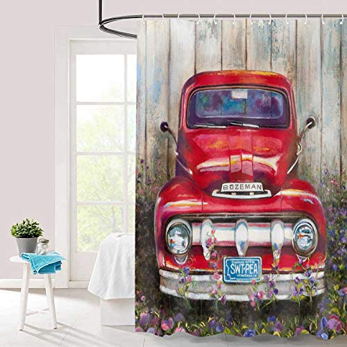 Red Retro Style Car Shower Curtains, Rustic Pickup Truck On Vintage Farm House Decor, Polyester Fabric Waterproof Bathroom Curtains Home Decor For Bathroom, Bath Curtain Hooks 70X72 Inches Yllhte19 #TOP3