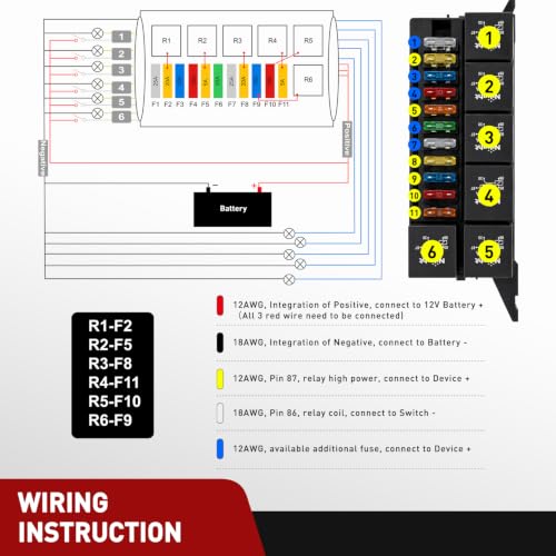 Image of Nilight 12V Fuse Relay Box 6 Relays 4pin 40A 11 Fuses Pre-Wired Block Kit | 11-Way ATC /ATO Blade Fuses Holder 12AWG Pre-Wired Relay Box Universal for Automotive Car Truck Camper Boat