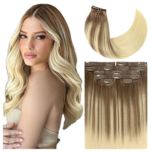 Anrosa Glam Seamless Clip in Hair Extensions 16Inch 7Pcs Double PU Weft Remy Human Hair Clip in Extensions Light Brown Fading to Platinum Blonde Real Hair Extensions Clip in Human Hair Natural 110G