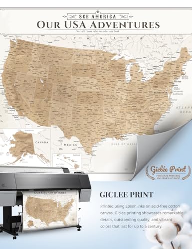 Image of IPIC - Canvas USA Maps for Wall Decor, Push Pin Map Decor to Mark Travels, Large USA Travel Map Print for Home, Office, Study, and RV, Ready to Hang