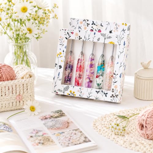 Image of Katech 5 PCS Crochet Hook Set with Case (2.5mm, 3.0mm, 3.5mm, 4.0mm, 4.5mm) | Hand-Polished Stainless Steel Crochet Hooks with Dried Floral Grip, Ergonomic Crochet Hook for Arthritic Hands & Beginners