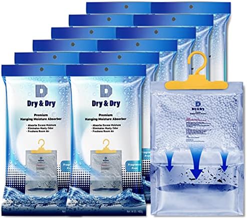 Dry & Dry 12 Packs [Net 14.1 Oz/Pack] Moisture Absorbers to Control Excess Moisture for Basements, Closets, Bathrooms, Laundry Rooms. - Ultra Strong Hanging Moisture Absorbers