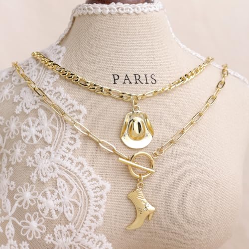 Jean Beau Cowboy Hat Boot Pendant Necklace for Women, Gold Silver Layer Dainty Western Cowgirl Charm Chain Necklaces Jewelry Gift4