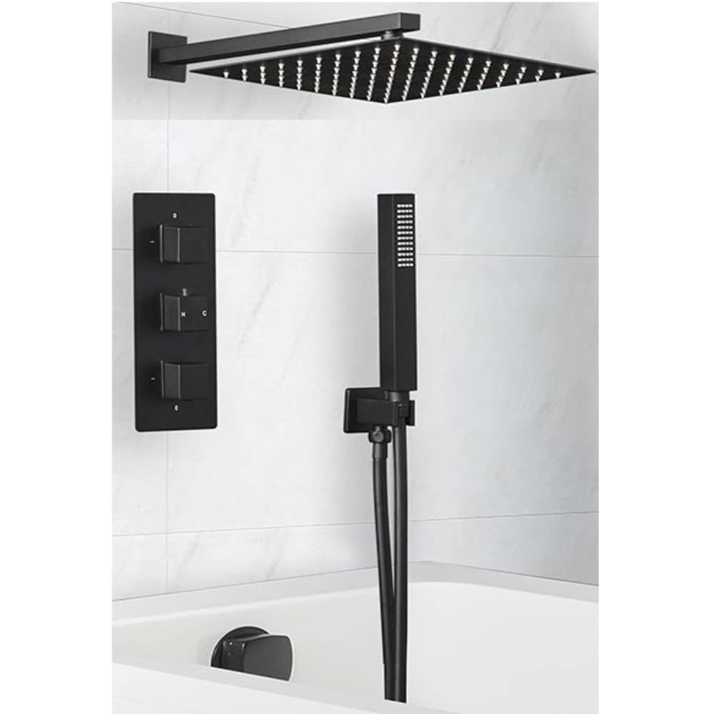Milano Black Preto Thermostatic Mixer Valve 300Mm Square Shower Head Handset Bath Filler Tap
