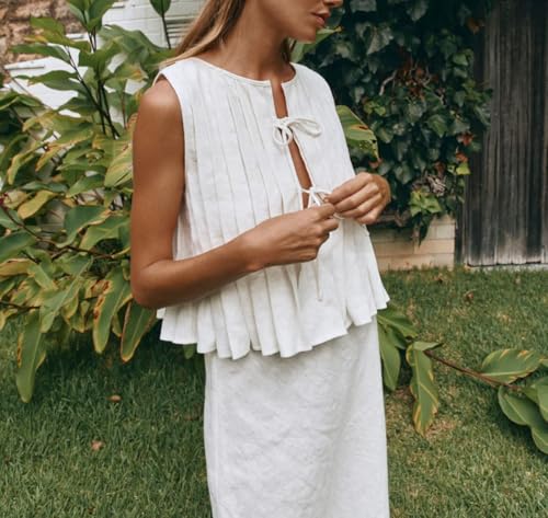 POHADON Womens Y2k Vest Tank Tops Cute Ruffle Cotton Linen Tie Front Shirt Going Out Pleated Summer Cute Lace Up Clothes4