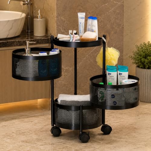 Image of MARKWELL Round Rotatable Kitchen Trolley with Wheels | Vegetable Fruit Onion Storage Rack | Multipurpose Metal Kitchen Organizer Stand | Matt Black (Round - 3 Layer)