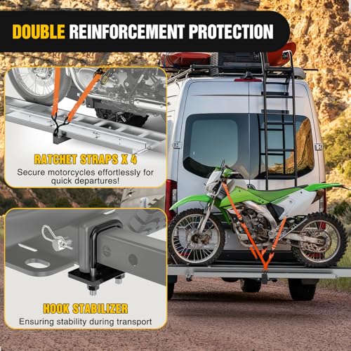 Image of Nilight Motorcycle Hitch Carrier 400LBS, Lightweight Robust Aluminum Dirt Bike Hitch Hauler with 55.11 inch Longer Ramp, Pin Lock, Tie-Down Strap and Tightener, 2 inch Receiver, 5 inch Wide Tire
