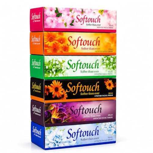 Softouch 2 Ply Facial Tissue Box 100 Pulls Each Pack (200 Sheets) Pack Of 6-600 Pulls Ultra Soft, Highly Absorbent & Skin Friendly Face Tissue Daily Use Tissue Paper (1200 sheets)