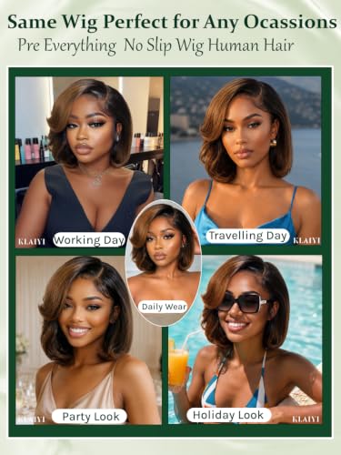 Image of KLAIYI Bye Bye Slip Ombre Brown Layered Bob Straight Wig Human Hair Glueless Side Part Pre Cut 7x5 Lace Front Pre Plucked Bleached Knots Drawstring 30S Ready to Wear and Go Wig with Dark Roots 10Inch