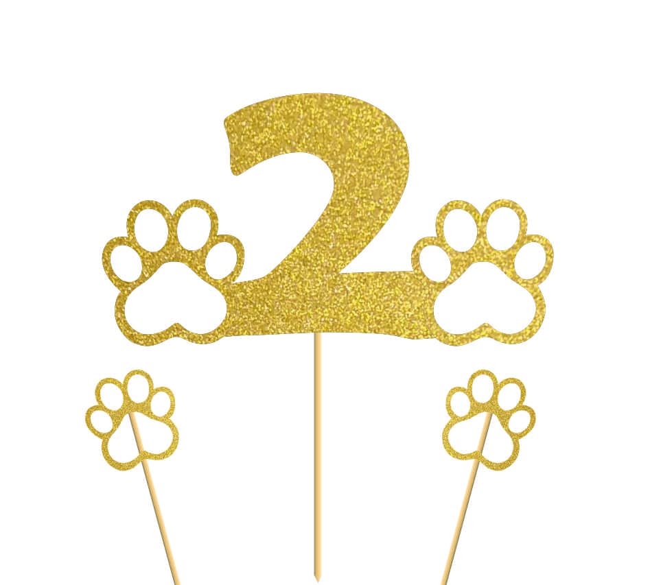 SVM CRAFT® Gold Dog 2 Cake Topper, Gold Glitter Dog Or Cat Lover 2nd Birthday Party Cake Topper Decoration, Puppy Theme Party Cake Topper