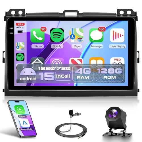 Rimoody 4G+128G Car Stereo for Toyota Land Cruiser Prado 2004-2009 Lexus GX470 Wireless CarPlay Android Auto, Android Car Radio 9'' Touch Screen/GPS/Bluetooth/FM RDS/EQ/Wi-Fi/Mirror Link, Rear Camera