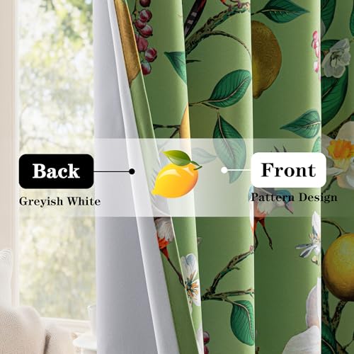 Image of MYSKY HOME Floral Blackout Curtains 95 Inch Long for Living Room Vintage Farmhouse Room Darkening for Dining Room Bedroom Lemon Hummingbird Patterned Thermal Insulated Drapes, Pack-2, W52, Sage Green