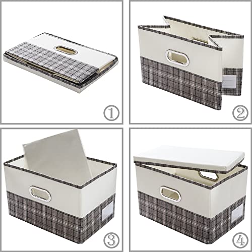 Image of PRANDOM Large Collapsible Storage Bins with Lids [3-Pack] Fabric Foldable Storage Boxes Organizer Containers Baskets Cube with Cover for Home Bedroom Closet Office Gray plaid & Cream(17.7x11.8x11.8)