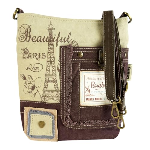 Sunsa Umhängetasche. Damen Taschen aus Canvas & Leder. Mittelgroß Handtasche mit Paris Aufdruck. Vintage Dame Tasche. Schultertasche als Crossbody Bag. Damentasche schönes Geschenk für Frauen