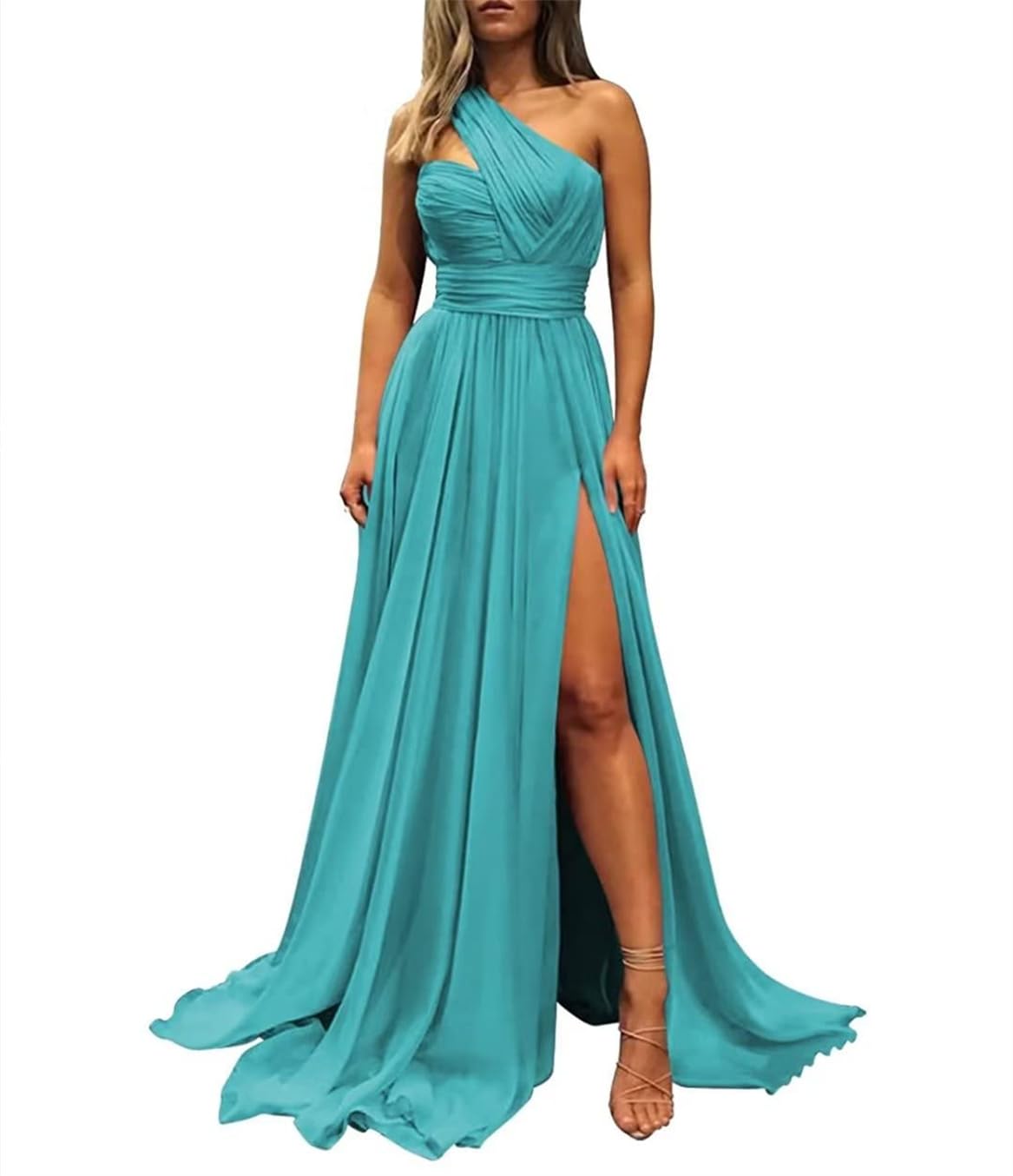 Yiann Women's Turquoise Wedding Guest Evening Gown Ruched Sleeveless Bridesmaid Dress For With Pockets Uk18