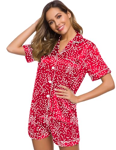Image of SWOMOG Womens Silk Satin Pajamas Set Short Sleeve Sleepwear Button Down Top and Shorts Loungewear 2 Piece Pjs Set XS-3XL Lipstick Red Mini Hearts Large