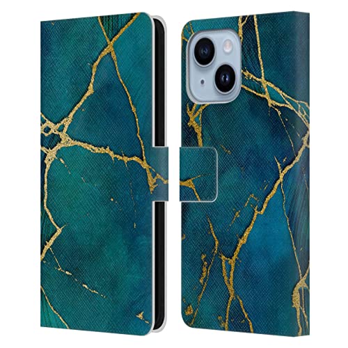 Étui portefeuille iPhone 14 Plus LebensArt marbre bleu et or en cuir Head Case Designs
