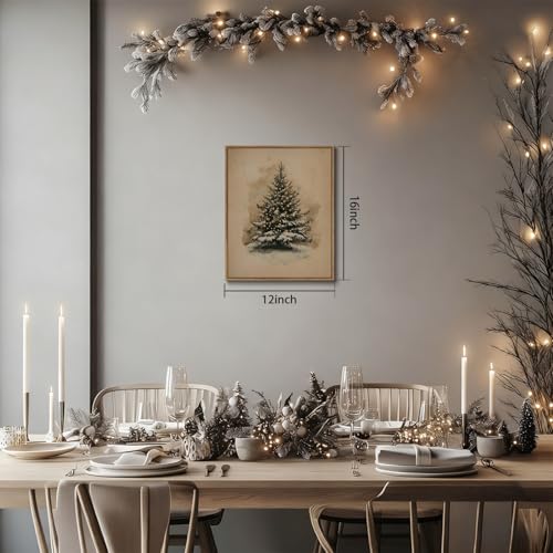 Image of KISSFOX Vintage Christmas Tree Framed Wall Art Watercolor Snowy Canvas Art Rustic Winter Evergreen Tree Paintings Art Prints Modern Farmhouse Pictures Wall Decor For Kitchen Bedroom Living Room