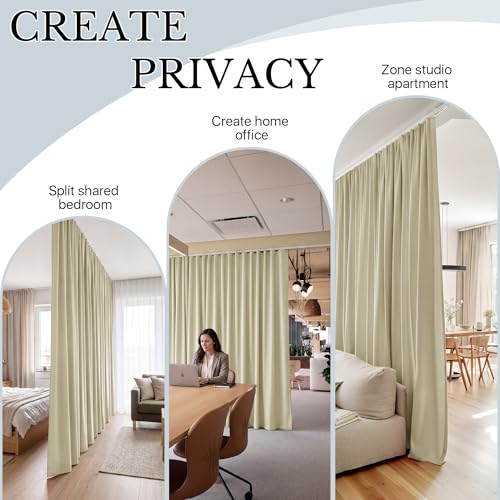 Image of RYB HOME Blackout Extra Wide Room Divider Curtains with Flexible Silent Ceiling Track Wall Mount, Thermal Insulated Curtain with Hooks for Living Room /Bedroom /Theater, Beige, W180 x L84, 1 Panel