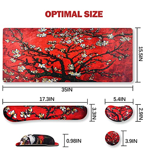 Image of ArtSo Large Gaming Mouse Pad, Keyboard Wrist Rest Pad & Wrist Support Mousepad Set, Stitched Edge, Extended, Non-Slip Base, Memory Foam Desk Mat 4pcs for Office & Home, Red Van Gogh Painting