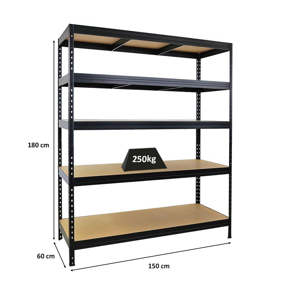 PROREGAL Schwerlastregal Rivet HxBxT 180x150x60cm Fachlast 250kg, Innovatives Stecksystem, Schwarz, Garagenregal, Lagerregal, Steckregal, Stahl, Kellerregal