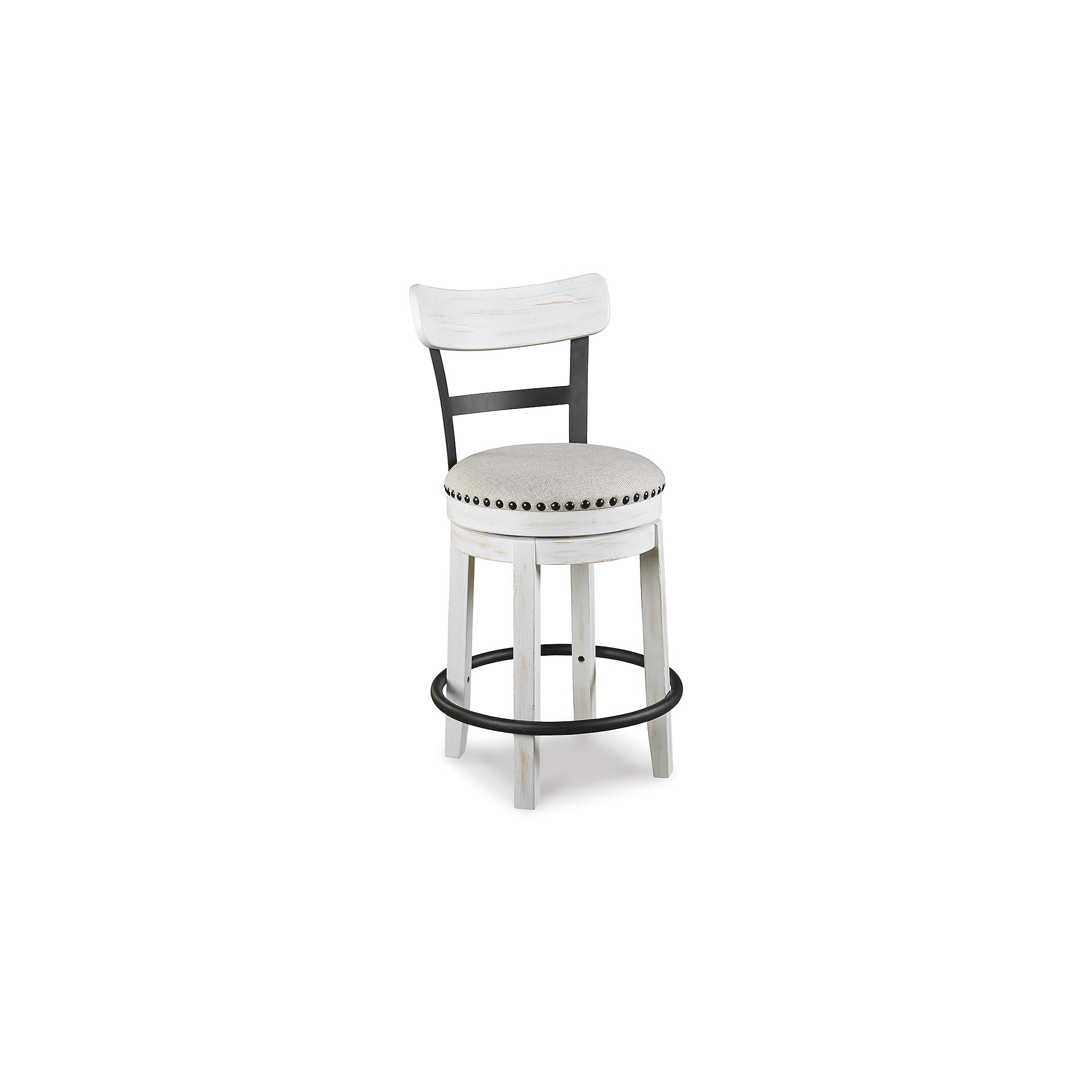 Signature Design by Ashley Valebeck | Modern Swivel 24.5" Counter Height Barstool – Rustic-Industrial Whitewash, Upholstered Cushion, 360° Swivel, Nailhead Trim