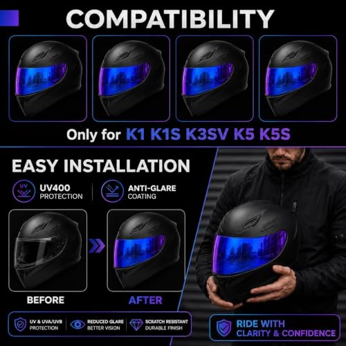 Image of PSLER Shatterproof Helmet Visor for K1 K1S K3SV K5 K5S,(Film&Rainbow) | Impact-Resistant ,UV400 Protection, Motorcycle Tinted Face Shield for K1 K1S K3SV K5 K5S ,Visor Replacement