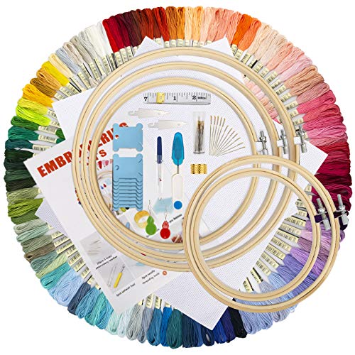 Hohoto Cross Stitch Kits, Embroidery kit Including 5 PCS Embroidery Bamboo Hoops, 100 Color Threads, 2  PCS  11.8  inches  Aida  Cloth and Needles Set
