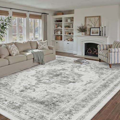 Washable Rug 9x12 Area Rug for Living Room Gray Vintage Boho Medallion Large Grey Distressed Retro Carpet Non Slip Indoor Low Pile Small Soft Bedroom Dining Room Home Office
