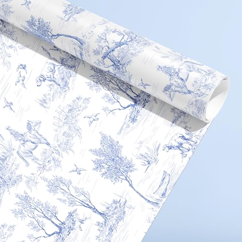 Dtiafu French Village Wrapping Paper Roll - Blue White Print Farmhouse Rustic Rural Scenery Gift Wrap Design for Baby Shower Holiday Birthday Gift Packing Supplies Total 28.5 sq.ft
