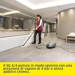Kärcher pulitore a vapore SG 4/4, pressione vapore: 4 bar, serbatoio: 2,4 l + 2 l, ugello a mano con spazzola, tubo vapore (2 m), 2 ugelli per pavimenti, rivestimento in spugna, accessori