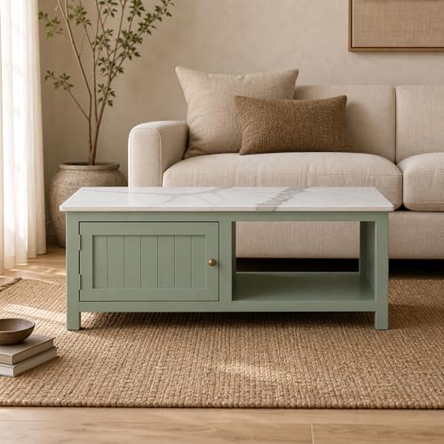 Image of Solid Wood Center Table| Premium Sintered Stone Coffee Table for Living Room | Wooden Centre Table | Finish- Premium Acrylic Sage Green