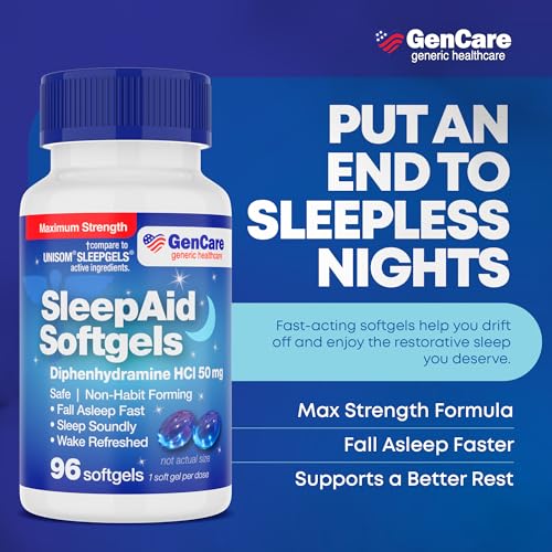gencare maximum strength nighttime sleep aid supplement for adults deep sleep pills with diphenhydramine hcl 50mg to fall asleep faster- strong non-habit forming pm sleeping relief 96 softgels