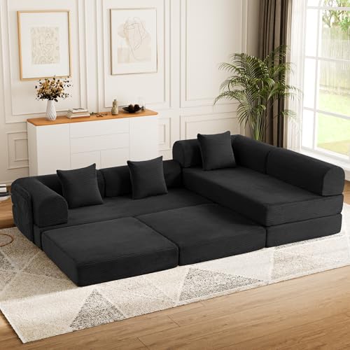 Image of 106 inch Modular Sectional Sofa Bed, L-Shaped Convertible Sleeper Sofa with Fixed-Shape Metal Frame, Oversized Corduroy Cloud Couch with Storage Pocket, No Assembly Couch for Living Room, Black