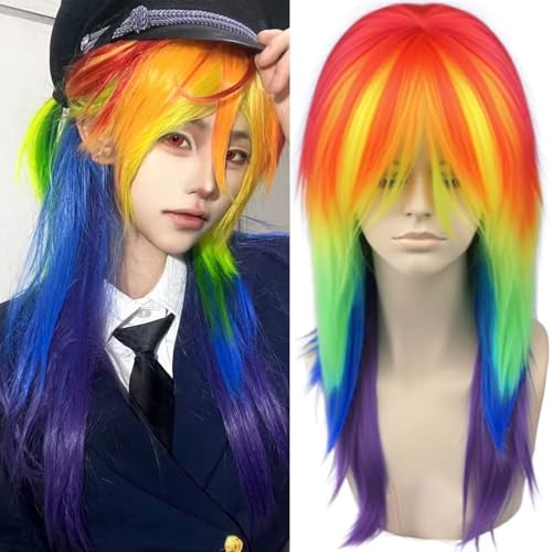 IMEYLE Rainbow Wig for Women Men Long Straight Rainbow Wig with Bangs Scene LGBT Pride Wig Colorful Cosplay Wigs for Party Halloween Outfit Costume for Scenecore +Hair Cap